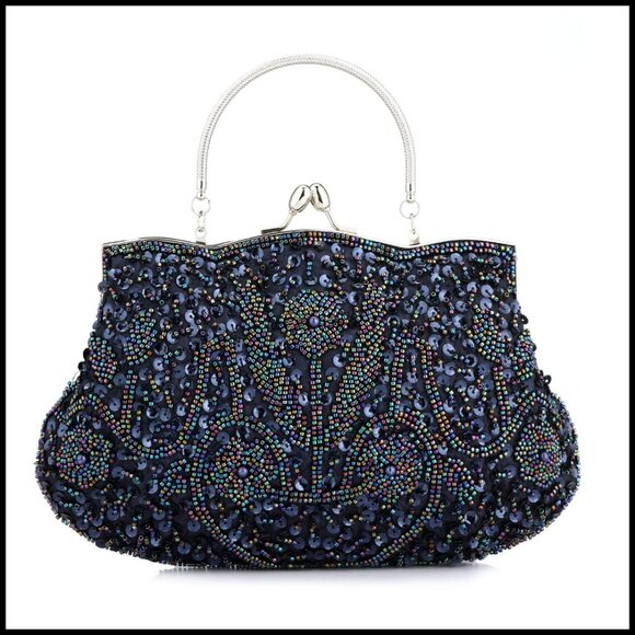 Handbags - Elegant Beaded Sequin Floral Clutch Bag Detachable Wristlet Evening Purse
